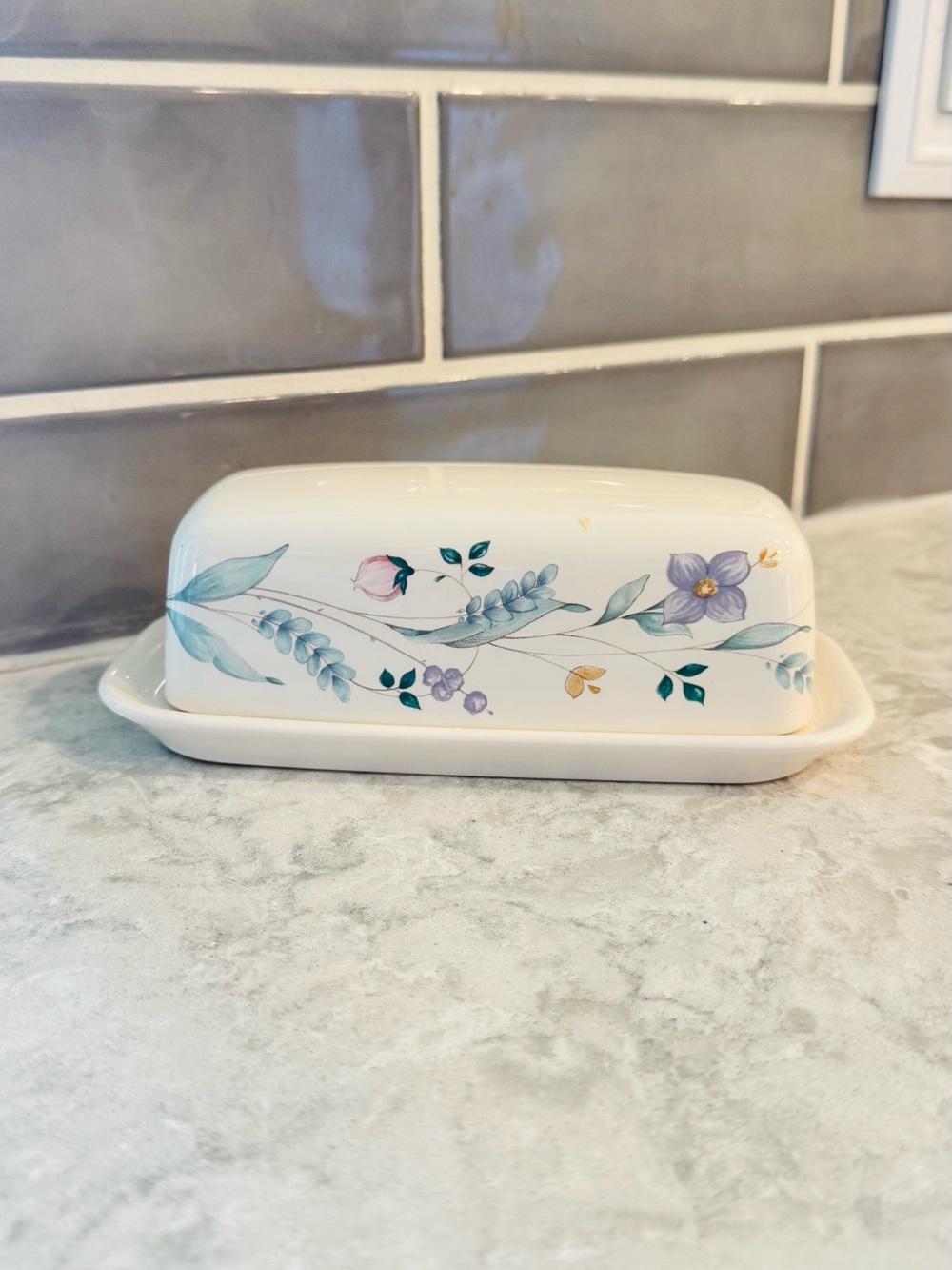 Pfaltzgraff April Floral Ceramic Butter Dish with Pastel Blue & Purple Flowers